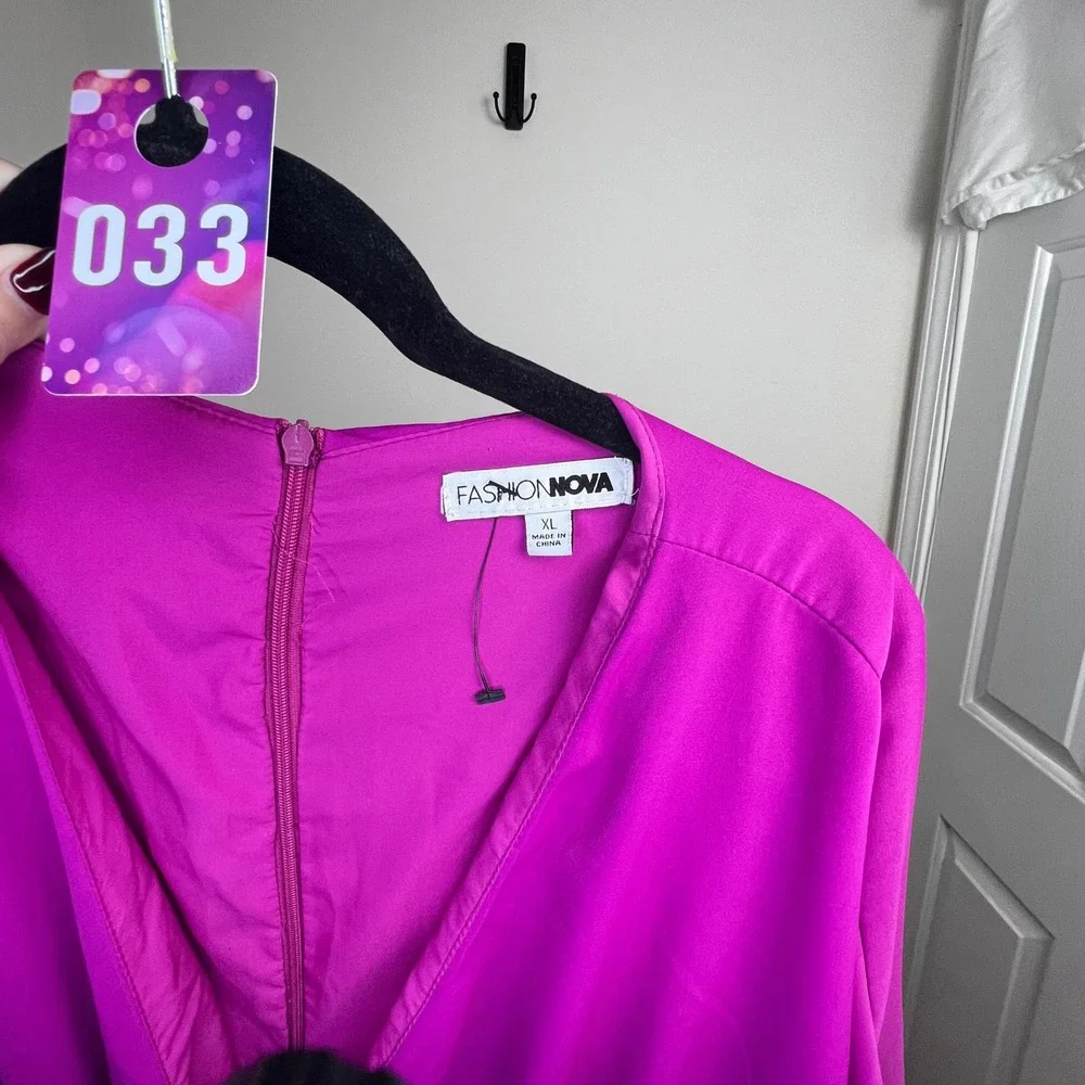 Fashion Nova Magenta Plunging Neck Dolman Sleeve Wide Leg Jumpsuit XL - Picture 4 of 4